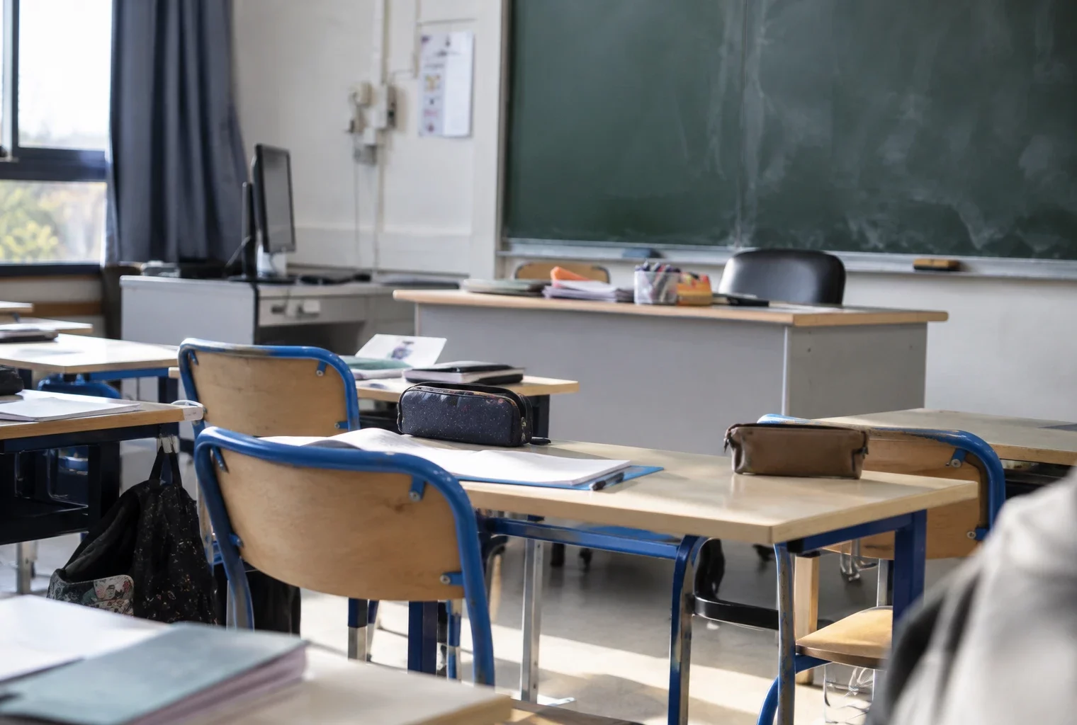 Salle de classe de lycée avec des tables d’élèves en rangées, des chaises et un tableau mural au fond.