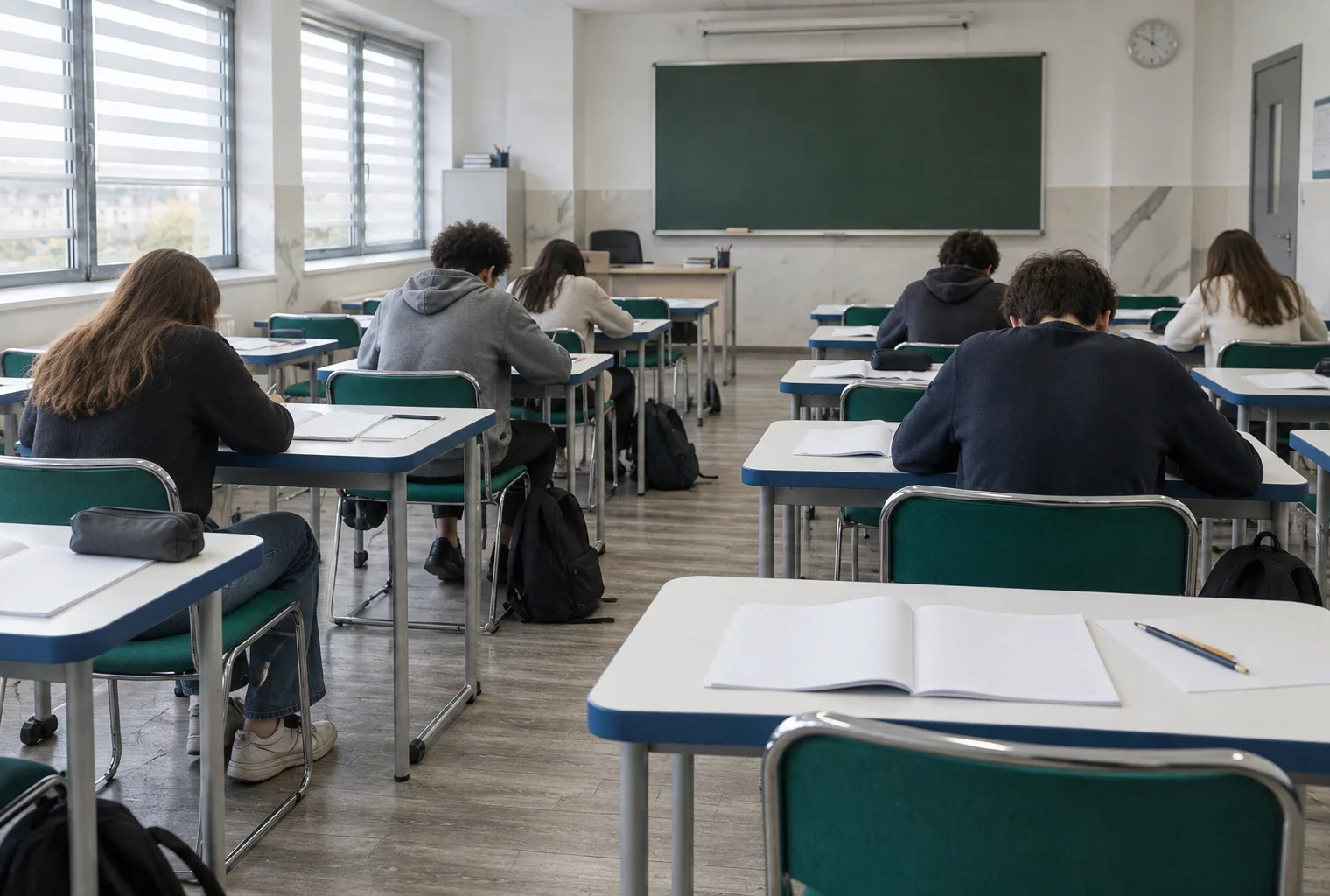 Dans une salle de lycée, des tables rapprochées avec des cahiers ouverts évoquent une classe en manque de place.