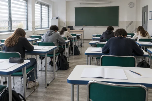 Dans une salle de lycée, des tables rapprochées avec des cahiers ouverts évoquent une classe en manque de place.