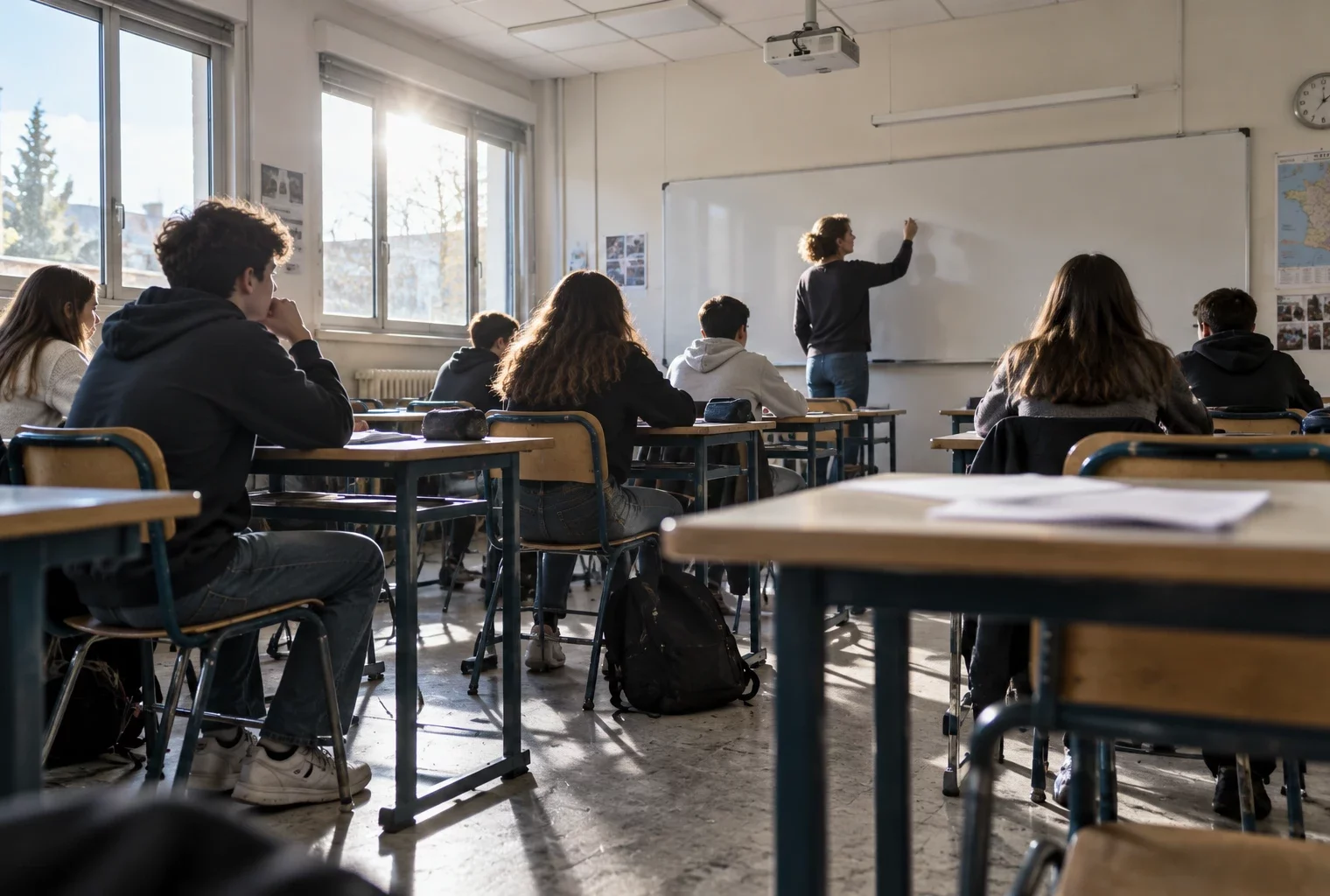 Salle de classe vide avec des rangées de tables et de chaises, un tableau vierge, des fenêtres et un radiateur.