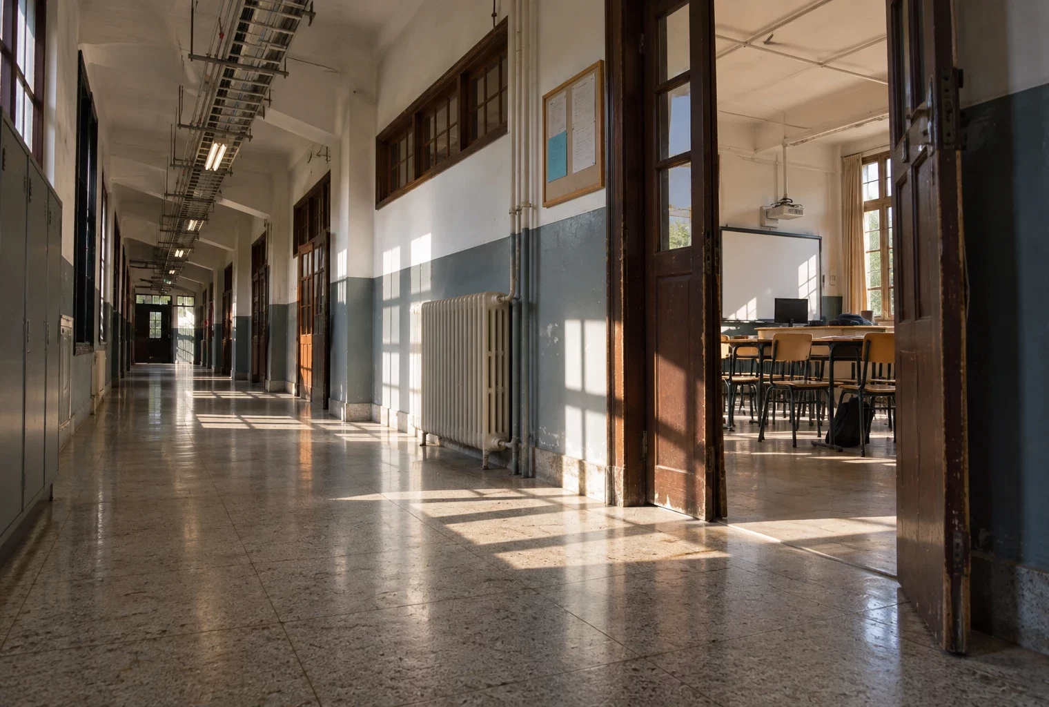 Couloir de lycée public avec radiateur, porte de classe ouverte sur des tables et chaises, et casiers au fond.
