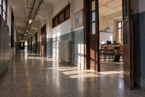 Couloir de lycée public avec radiateur, porte de classe ouverte sur des tables et chaises, et casiers au fond.