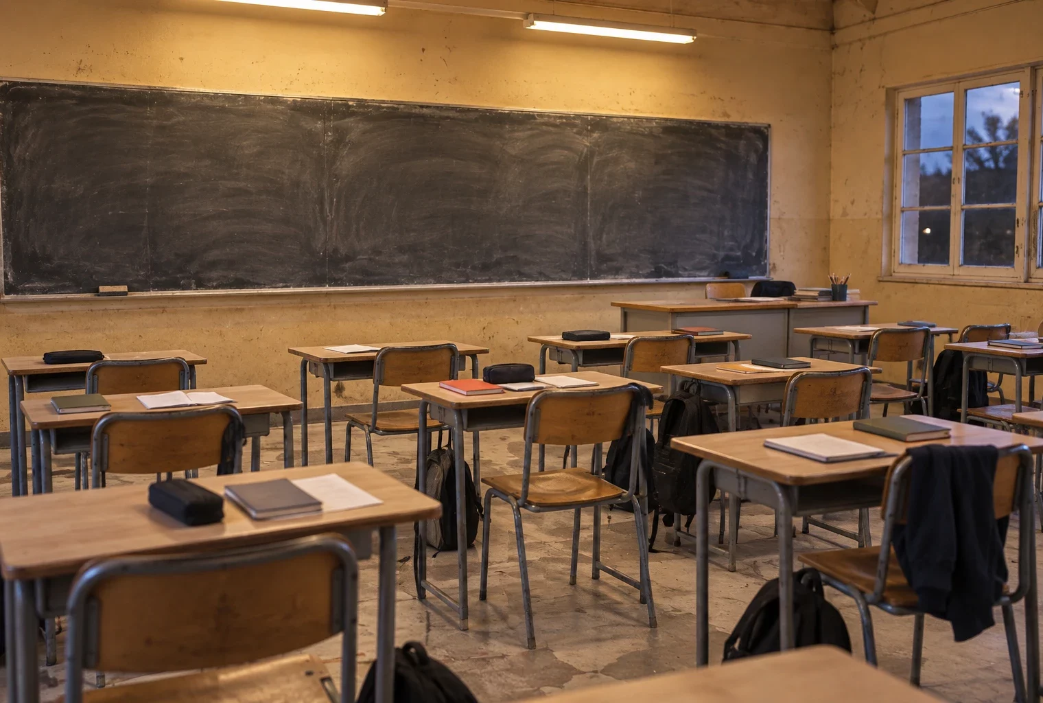 Salle de classe de lycée aux tables usées tournées vers un tableau vierge, avec quelques cahiers fermés et des fenêtres.
