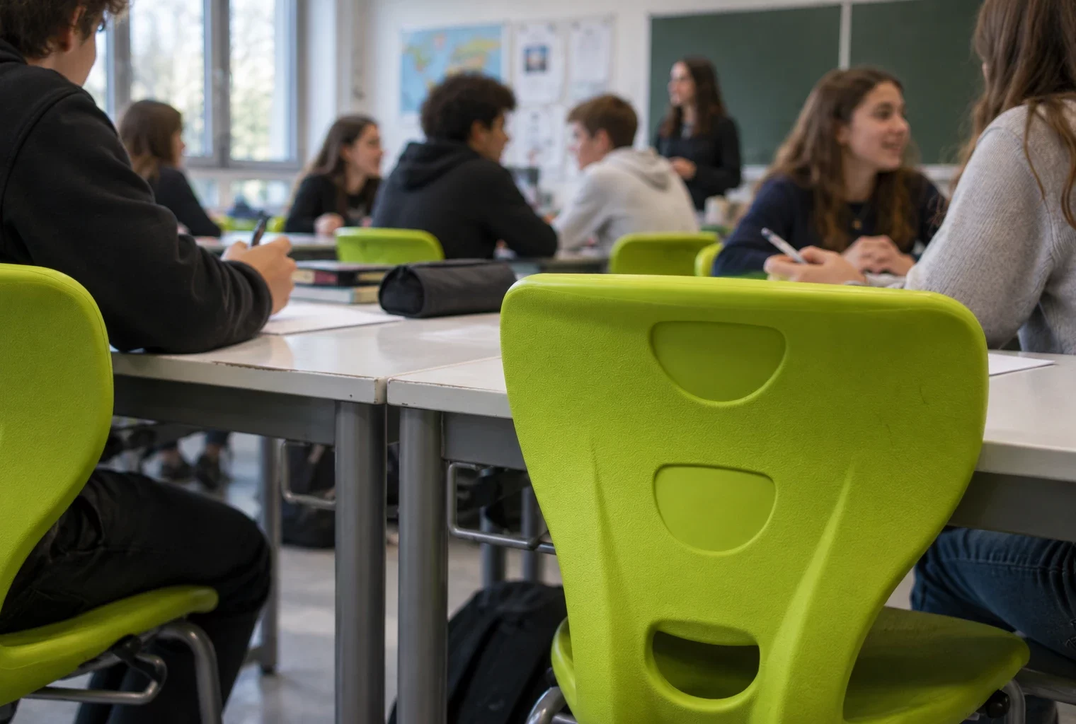 Dans une salle de lycée, des élèves échangent autour de tables claires et de chaises vertes, près de matériel scolaire.