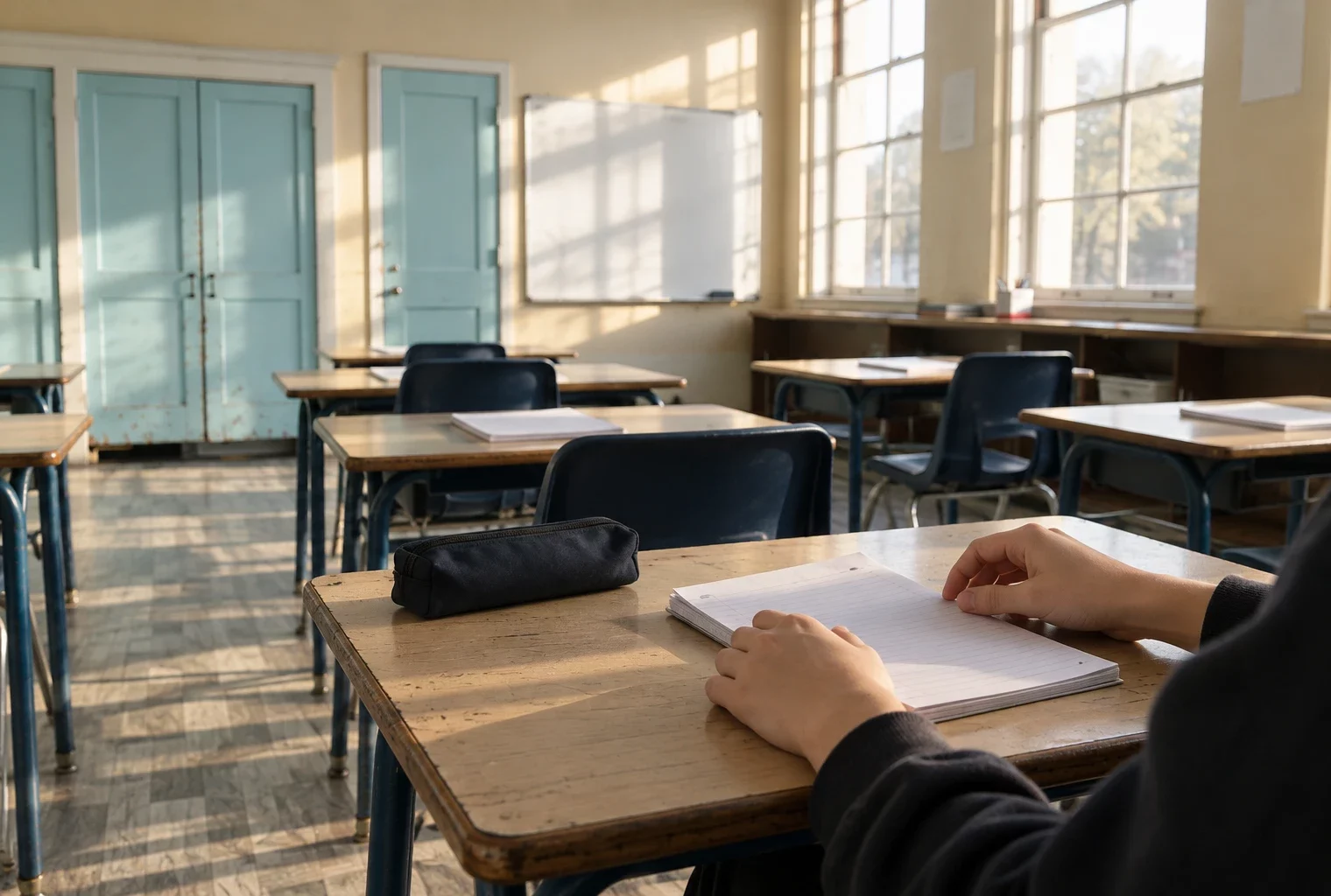 Dans une salle de classe, des mains d’élève rangent un cahier sur un bureau, devant des tables et des fenêtres.