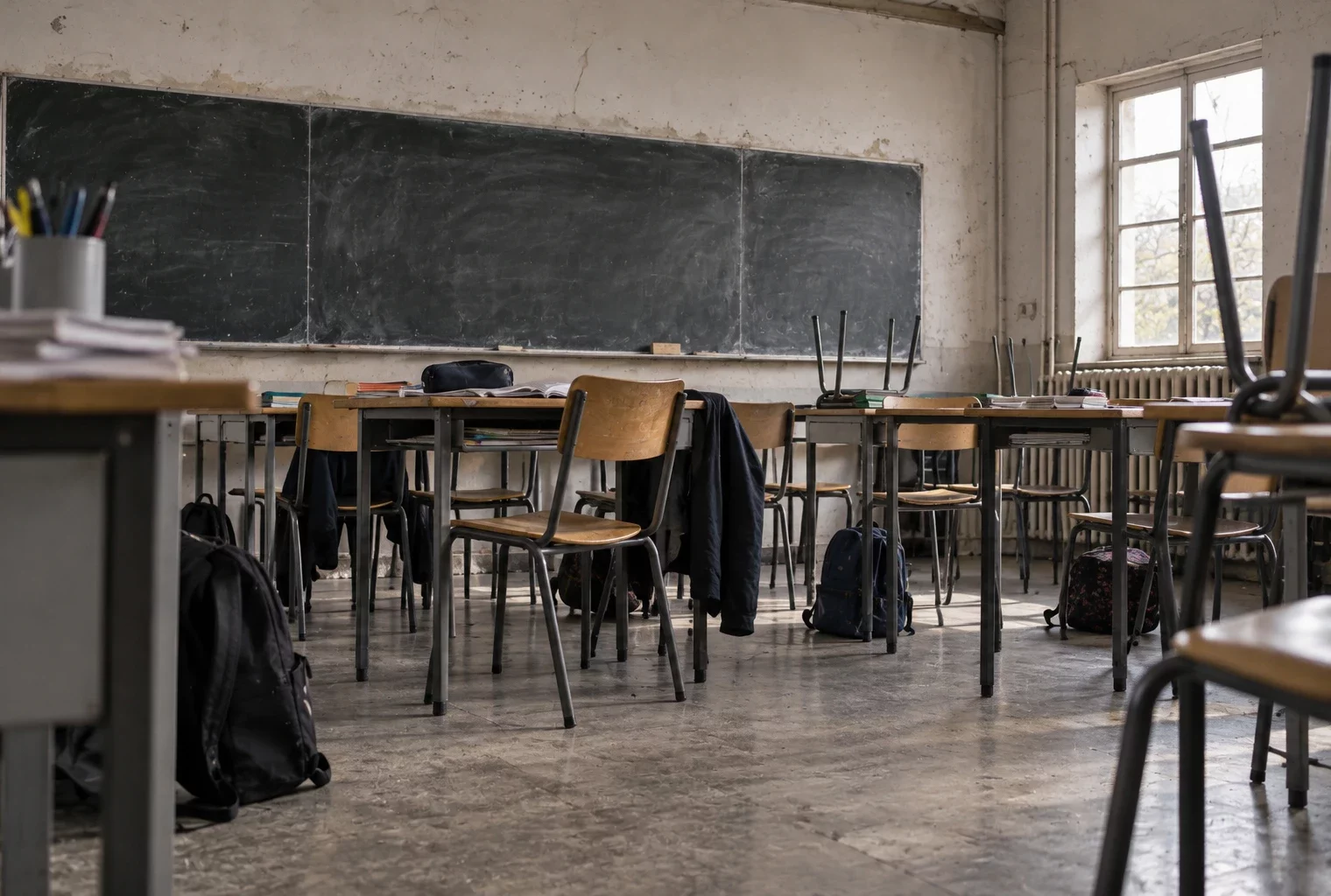 Salle de classe de lycée aux murs patinés, avec tables, chaises empilées, tableau vierge et radiateur.