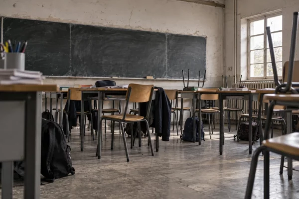 Salle de classe de lycée aux murs patinés, avec tables, chaises empilées, tableau vierge et radiateur.