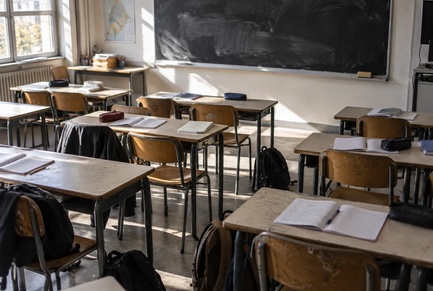 Vue plongeante sur des tables et des chaises usées dans une salle de lycée, avec quelques cahiers ouverts et un tableau vierge.