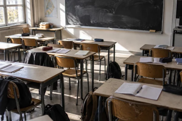 Vue plongeante sur des tables et des chaises usées dans une salle de lycée, avec quelques cahiers ouverts et un tableau vierge.