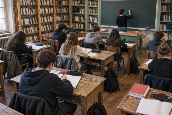 Une salle de classe de lycée avec des tables usées, des cahiers ouverts et des étagères de livres en arrière-plan.