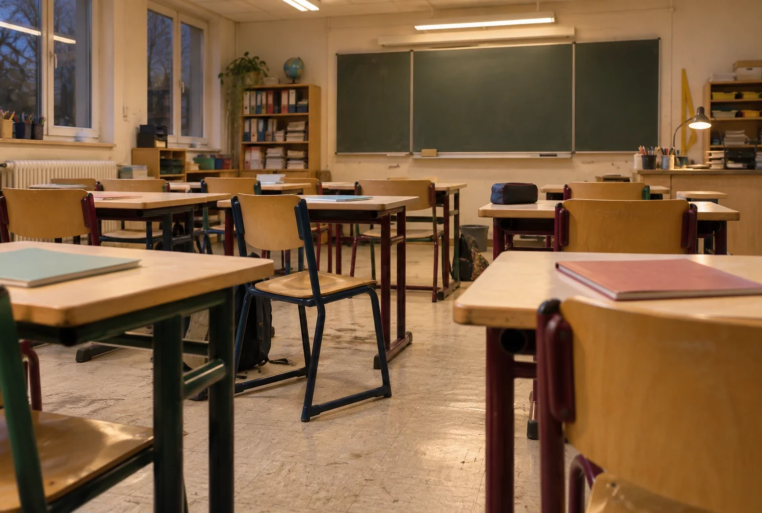 Salle de classe d’école primaire avec des tables en rangées, quelques cahiers fermés et un tableau mural en arrière-plan.