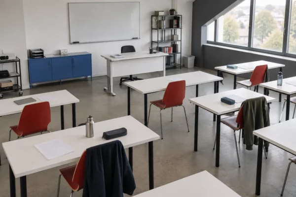 Salle de classe de lycée vide, tables et chaises disposées pour un cours interrompu, avec un bureau près du tableau effacé.