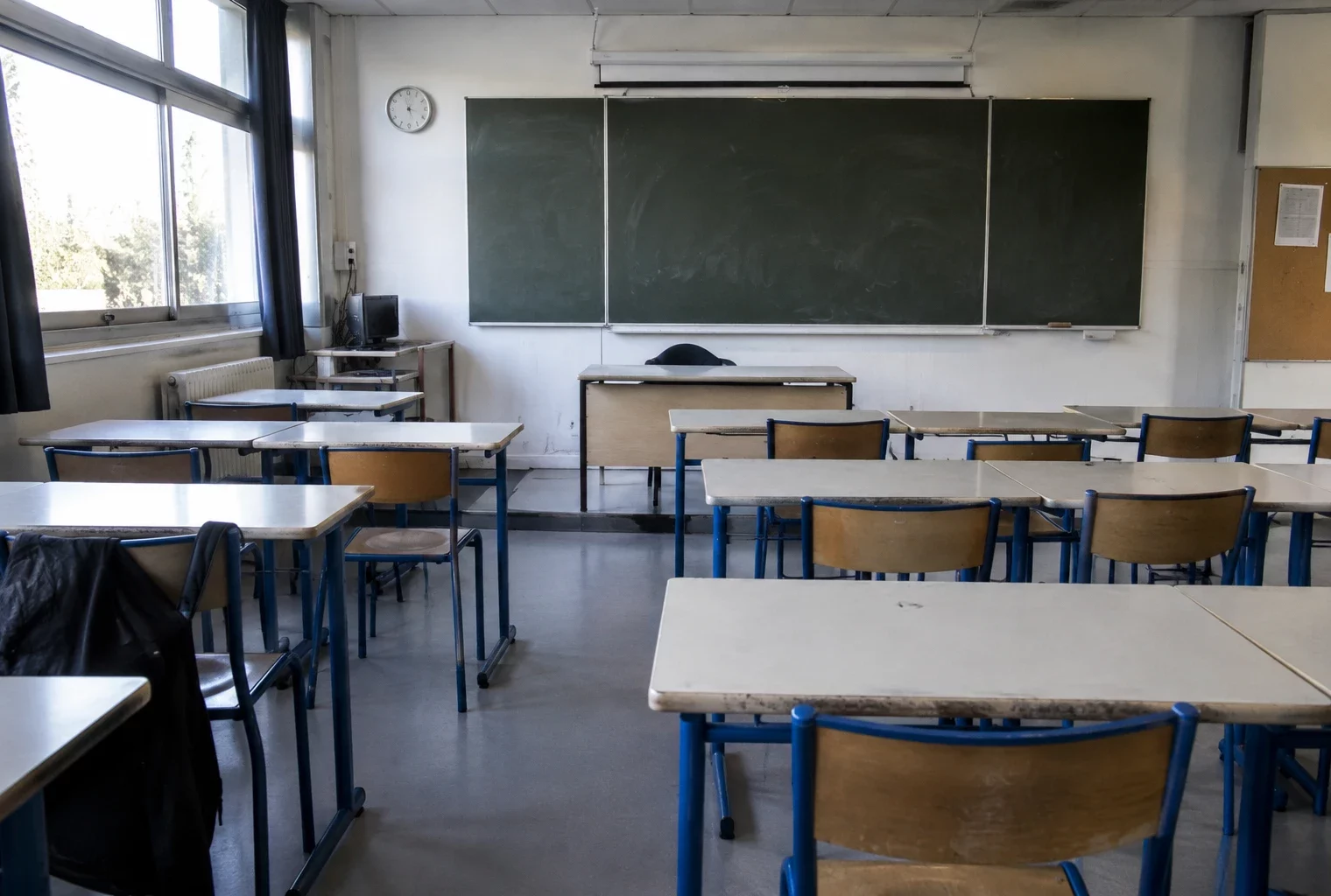 Salle de classe de lycée vide, avec des tables d’élèves alignées face au tableau et aucune personne présente.