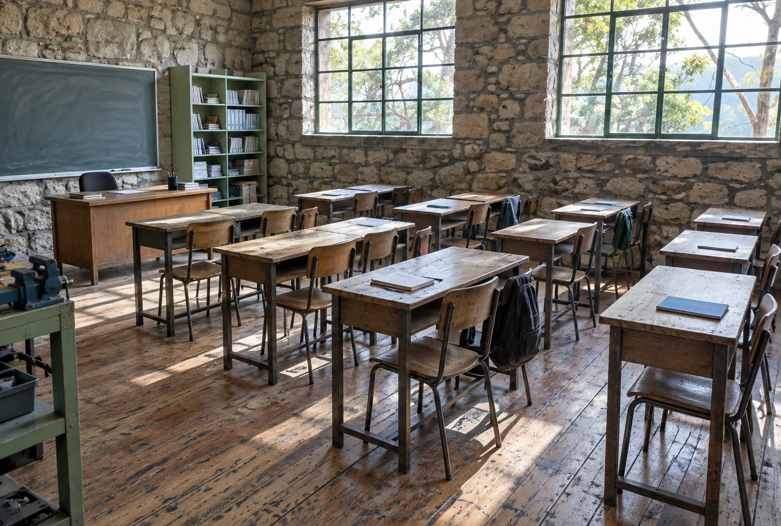 Salle de classe vide avec des tables et chaises usées, un bureau d’enseignant près du tableau et de grandes fenêtres.