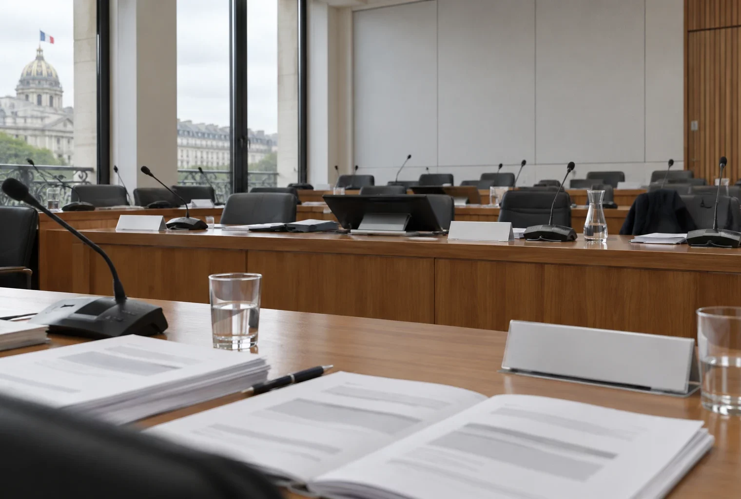 Pupitres en bois équipés de microphones et dossiers vierges dans une salle de commission aux sièges rangés en arrière-plan.