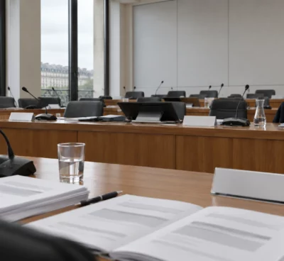 Pupitres en bois équipés de microphones et dossiers vierges dans une salle de commission aux sièges rangés en arrière-plan.