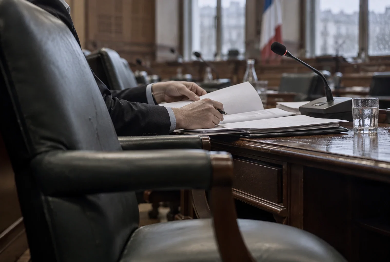Dans une salle de commission, des mains consultent des dossiers vierges près d’un microphone, devant des rangées de pupitres en bois.