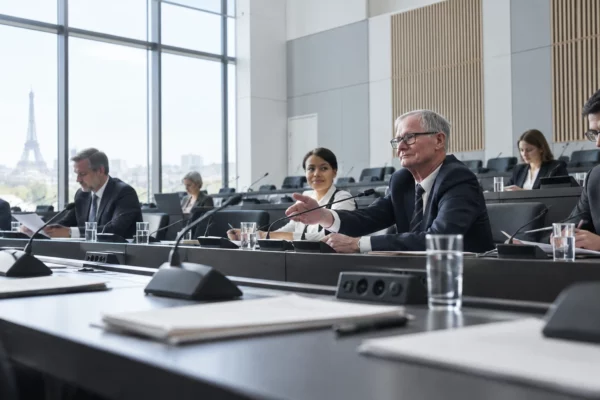 Salle de commission parlementaire avec pupitres, microphones, dossiers en papier et rangées de sièges sous la lumière des fenêtres.