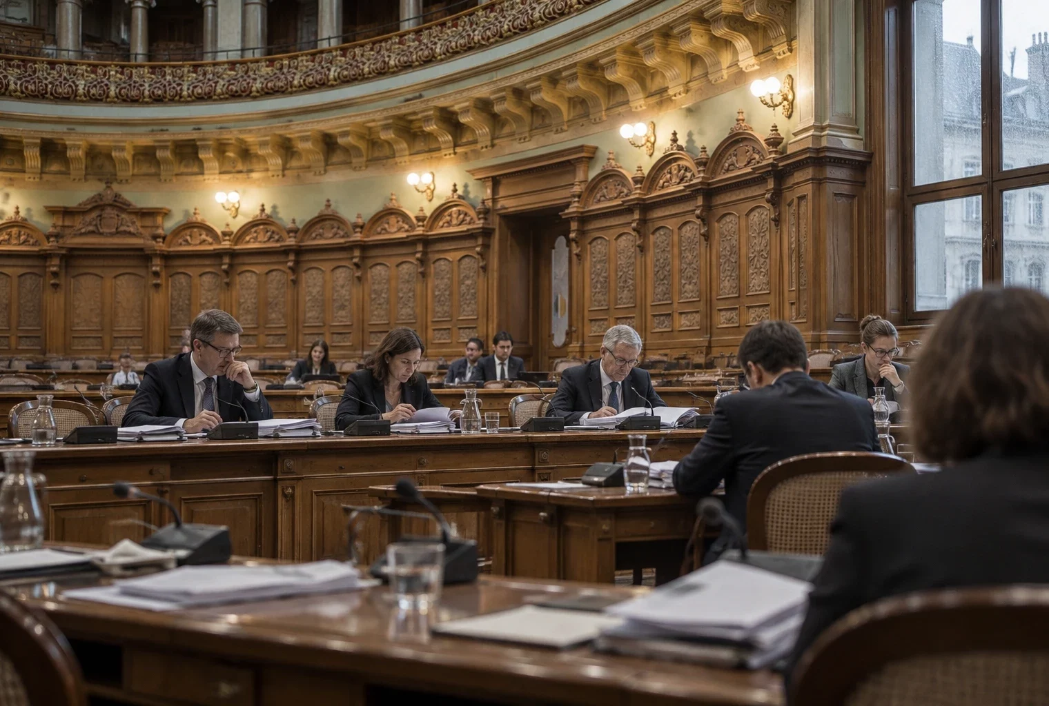 Vue d’une salle de commission parlementaire en bois, avec des pupitres, des microphones et des dossiers ouverts pendant les travaux.