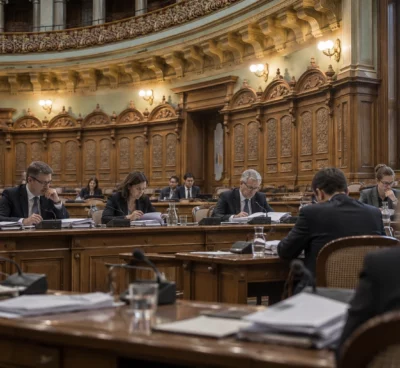 Vue d’une salle de commission parlementaire en bois, avec des pupitres, des microphones et des dossiers ouverts pendant les travaux.