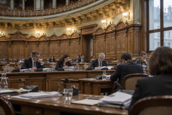 Vue d’une salle de commission parlementaire en bois, avec des pupitres, des microphones et des dossiers ouverts pendant les travaux.