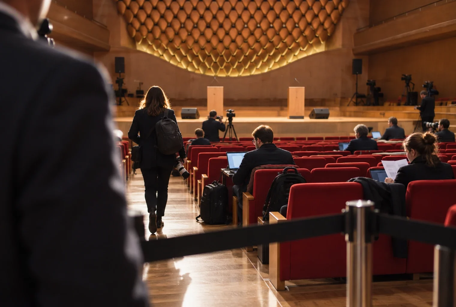 Une barrière mobile ouvre un passage entre les sièges d’un auditorium vers une scène équipée pour un congrès politique.