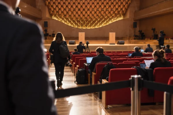 Une barrière mobile ouvre un passage entre les sièges d’un auditorium vers une scène équipée pour un congrès politique.