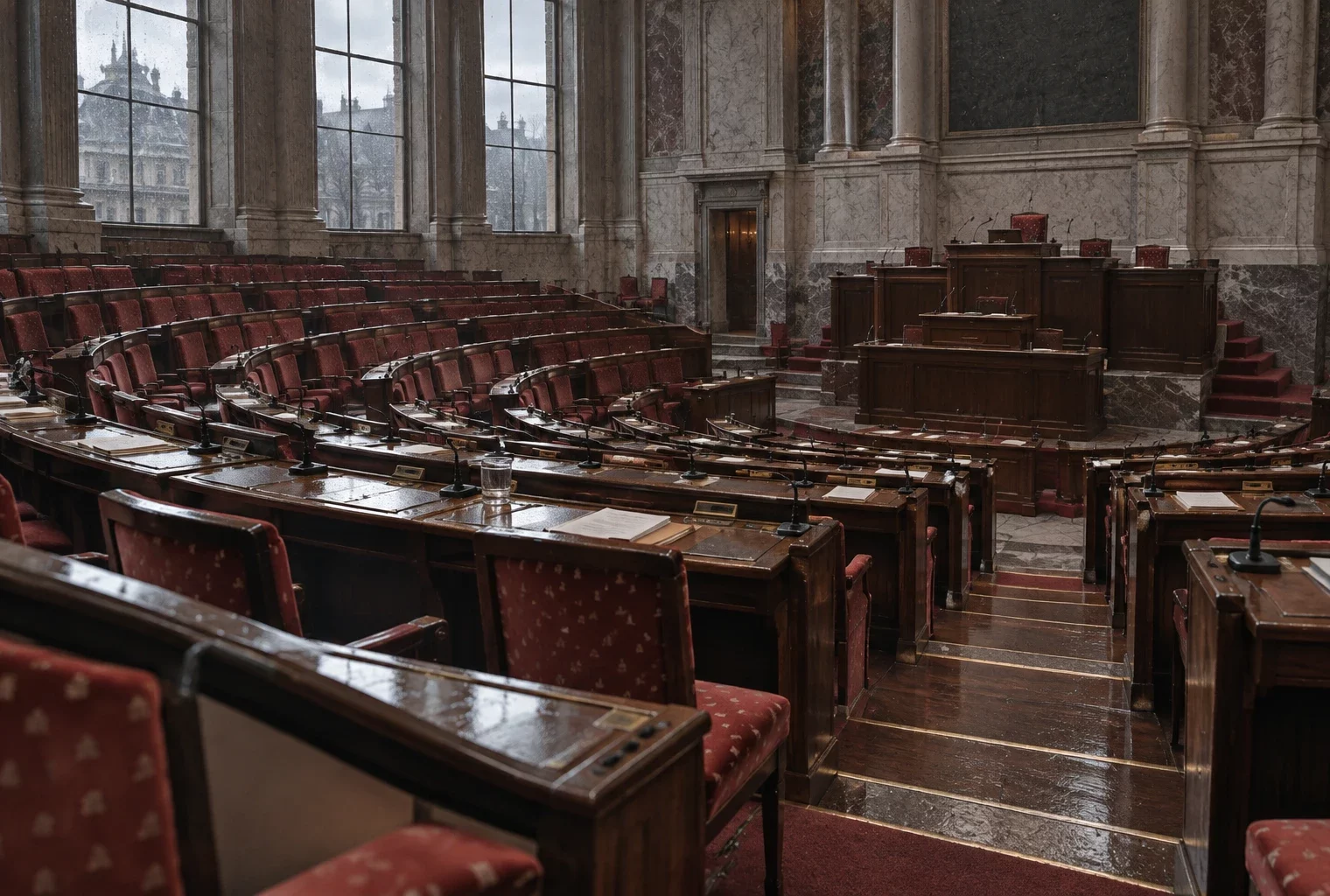 Rangées de sièges et de pupitres à microphones dans une salle de séance parlementaire, face à une estrade en gradins.