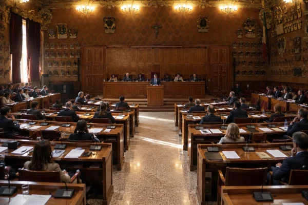 Rangées de pupitres en bois équipés de microphones dans une salle parlementaire, face à une tribune de séance.