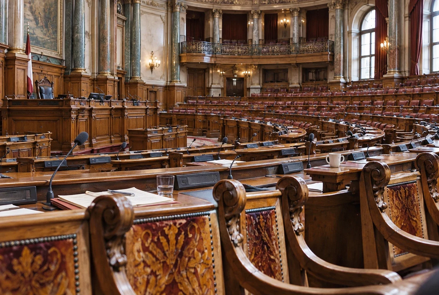 Rangées de pupitres équipés de microphones au milieu de sièges en bois sculpté dans une salle parlementaire.