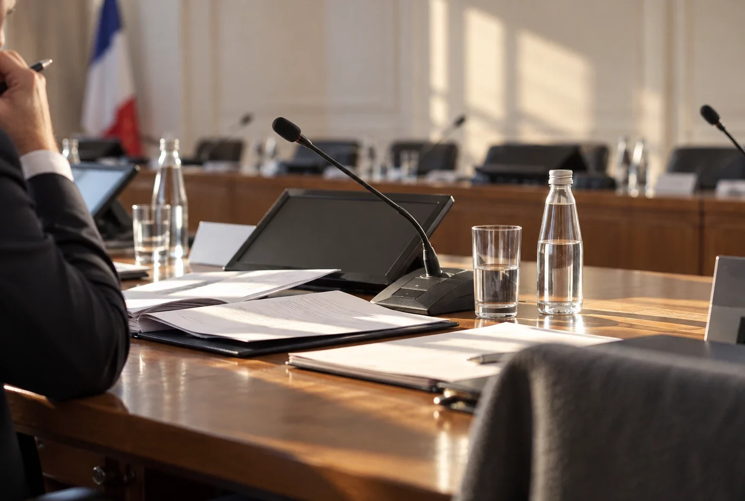 Microphone et dossiers de papier vierges sur une table en bois dans une salle de réunion politique baignée de soleil hivernal.