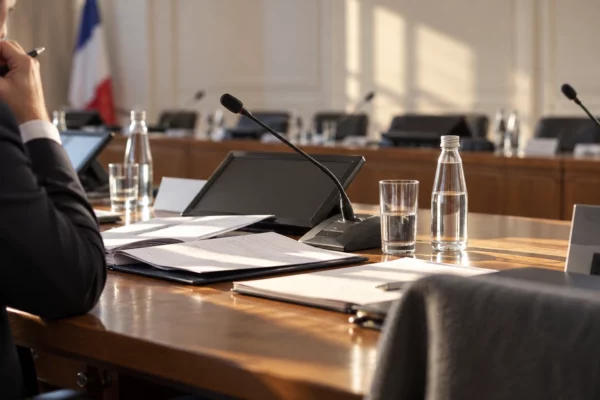 Microphone et dossiers de papier vierges sur une table en bois dans une salle de réunion politique baignée de soleil hivernal.