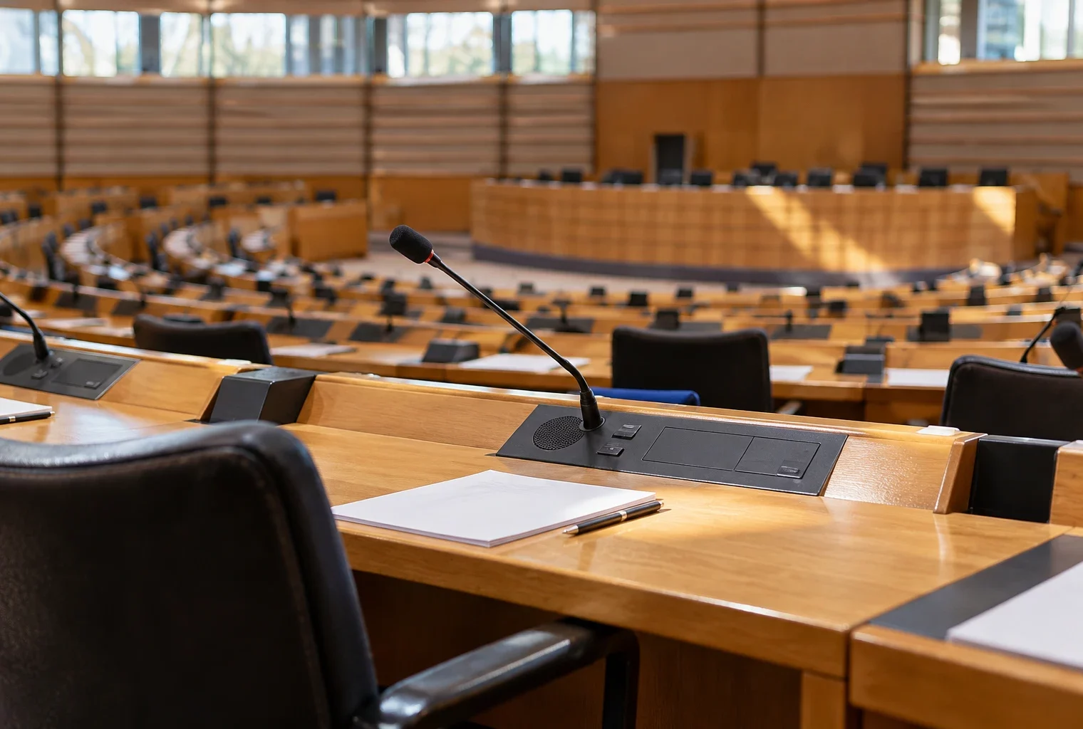 Détail d’un pupitre en bois et de son microphone dans une salle de conseil municipal aux sièges disposés en rangées.