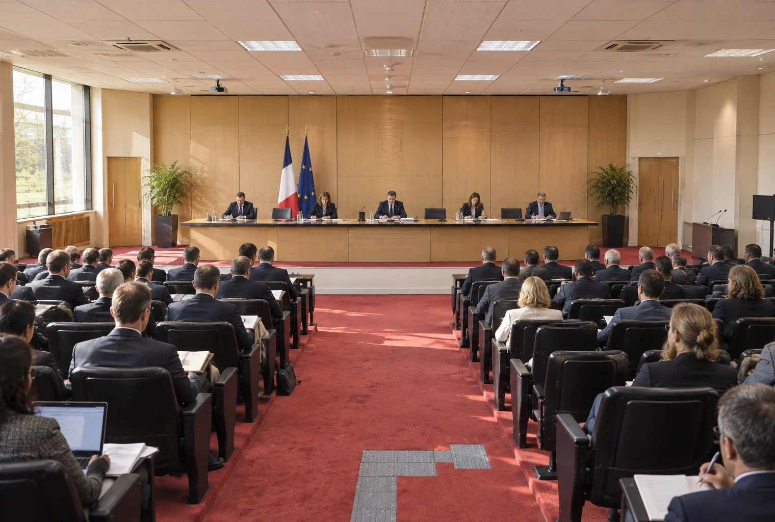 Salle de réunion gouvernementale avec longue table équipée de microphones et de blocs-notes, sièges alignés et boiseries sobres.