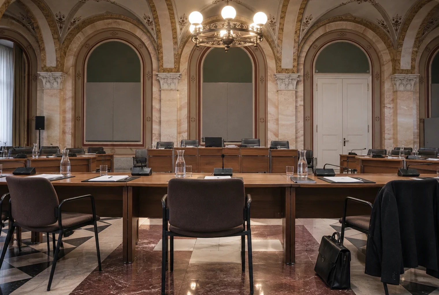 Salle de conseil municipale aux arches de pierre, avec pupitres, microphones et dossiers vierges devant des rangées de sièges.