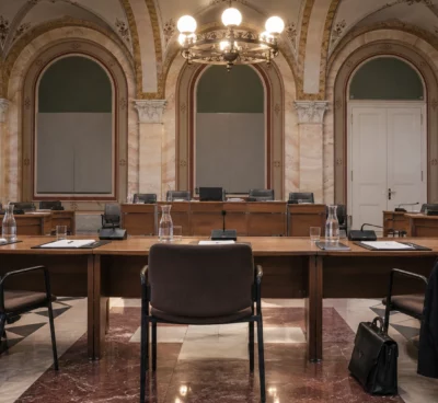 Salle de conseil municipale aux arches de pierre, avec pupitres, microphones et dossiers vierges devant des rangées de sièges.