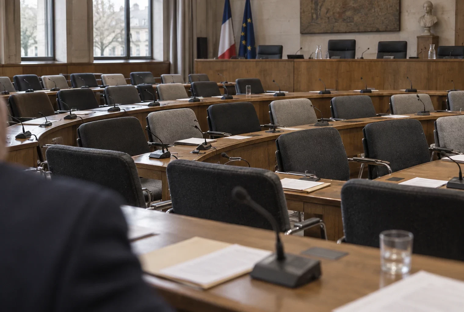 Pupitres équipés de micros et sièges vides en hémicycle dans une salle de conseil municipal, avec quelques dossiers sur les tables.