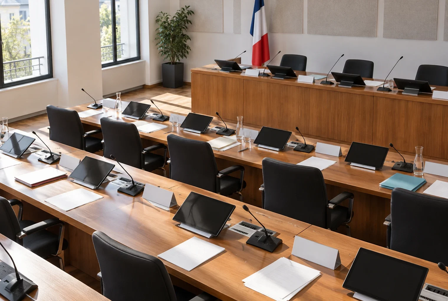 Salle de conseil municipal aux pupitres de bois, avec microphones, écrans éteints, dossiers vierges et rangées de sièges.
