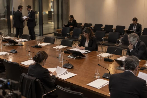Salle de réunion avec longue table en bois, microphones et dossiers vierges, quelques participants au travail sous un éclairage chaud.