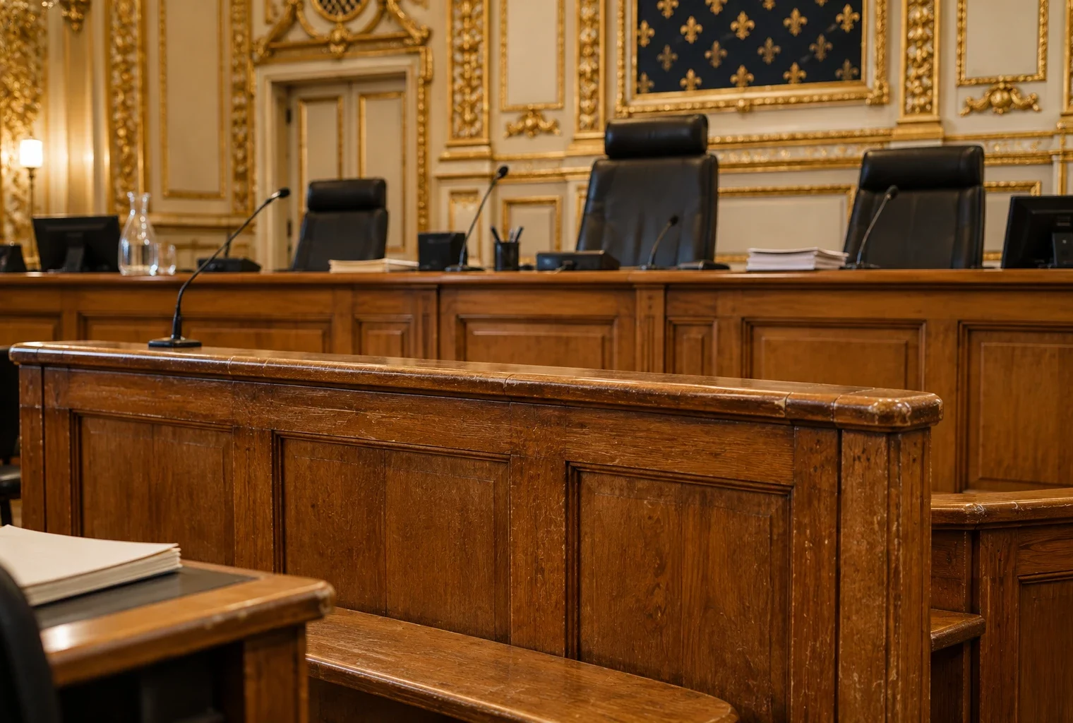 Détail des bancs en bois usés et des sièges des magistrats dans une salle d’audience sobre.