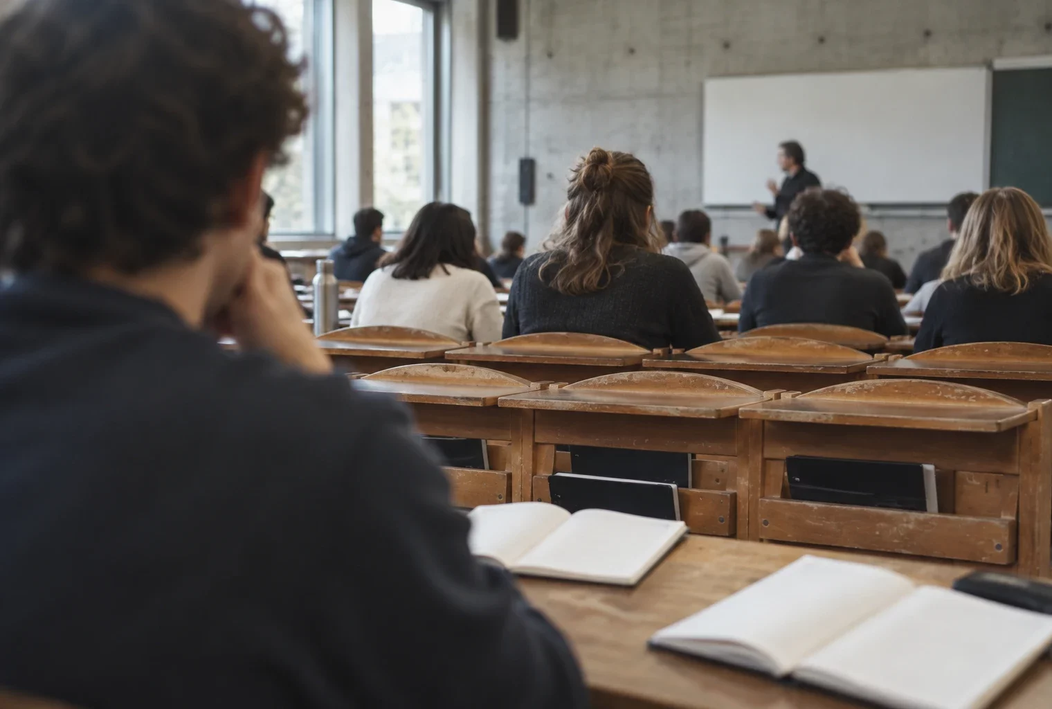 Une salle de cours universitaire aux tables de bois usées, avec des cahiers ouverts et un tableau vierge au fond.
