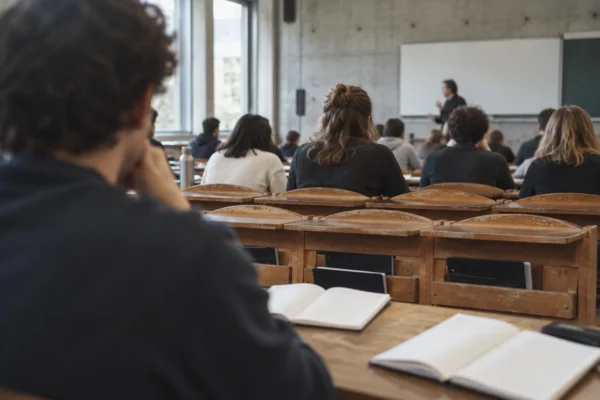 Une salle de cours universitaire aux tables de bois usées, avec des cahiers ouverts et un tableau vierge au fond.