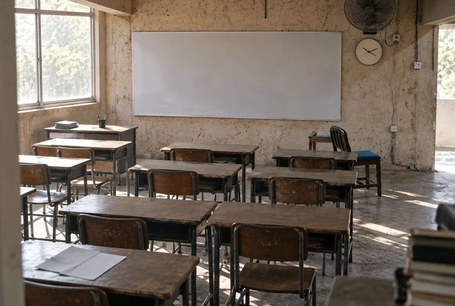 Des pupitres usés et quelques feuilles vierges dans une salle de lycée préparée pour des échanges, face à un tableau effacé.