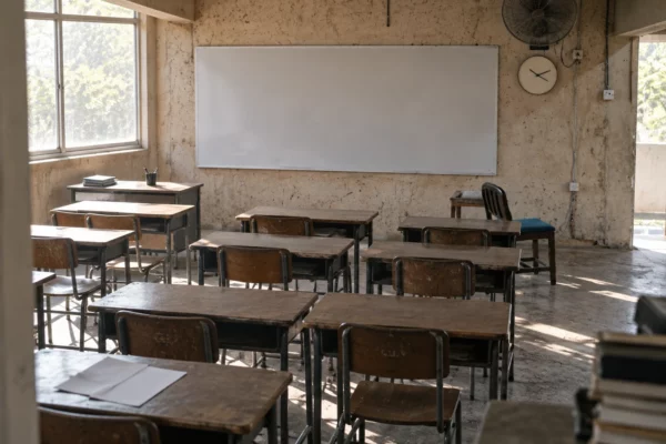 Des pupitres usés et quelques feuilles vierges dans une salle de lycée préparée pour des échanges, face à un tableau effacé.