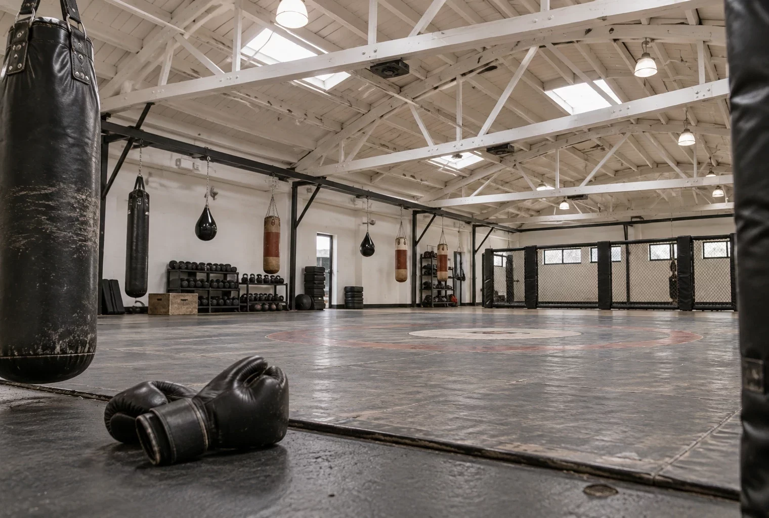 Salle d’entraînement de MMA vide, avec tapis usé, gants posés au sol et sacs de frappe sous une charpente apparente.