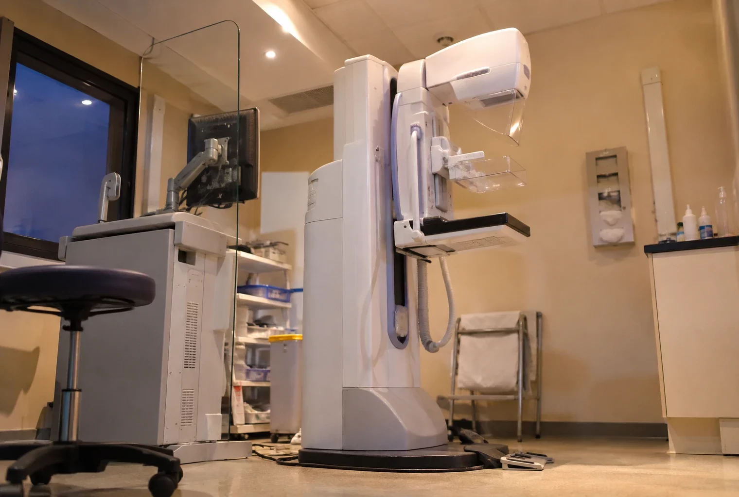Un mammographe et son poste de commande dans une salle d’imagerie médicale aménagée pour le dépistage du cancer du sein.