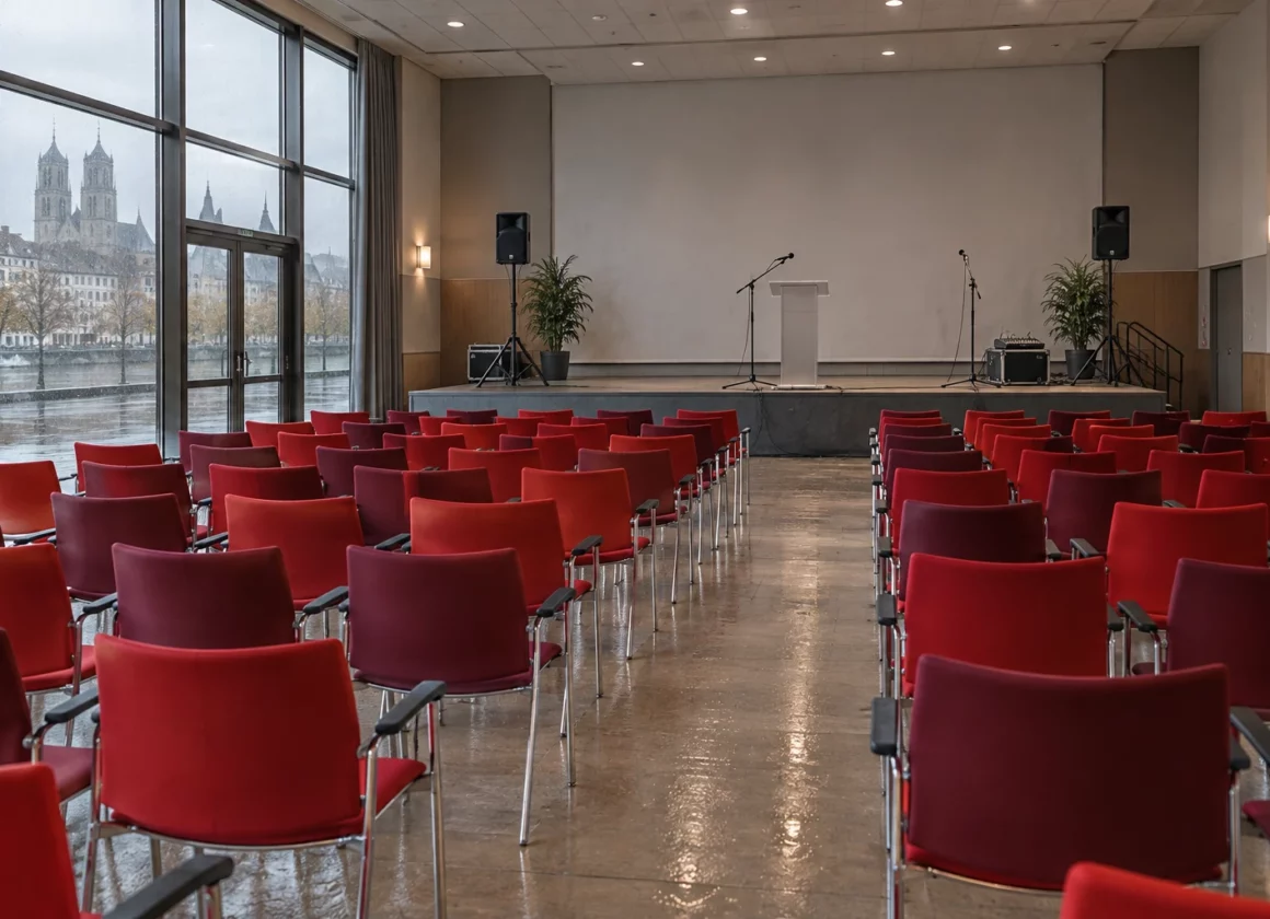 Des rangées de chaises rouges font face à une scène sobre équipée de micros et de haut-parleurs dans une salle de réunion vide.