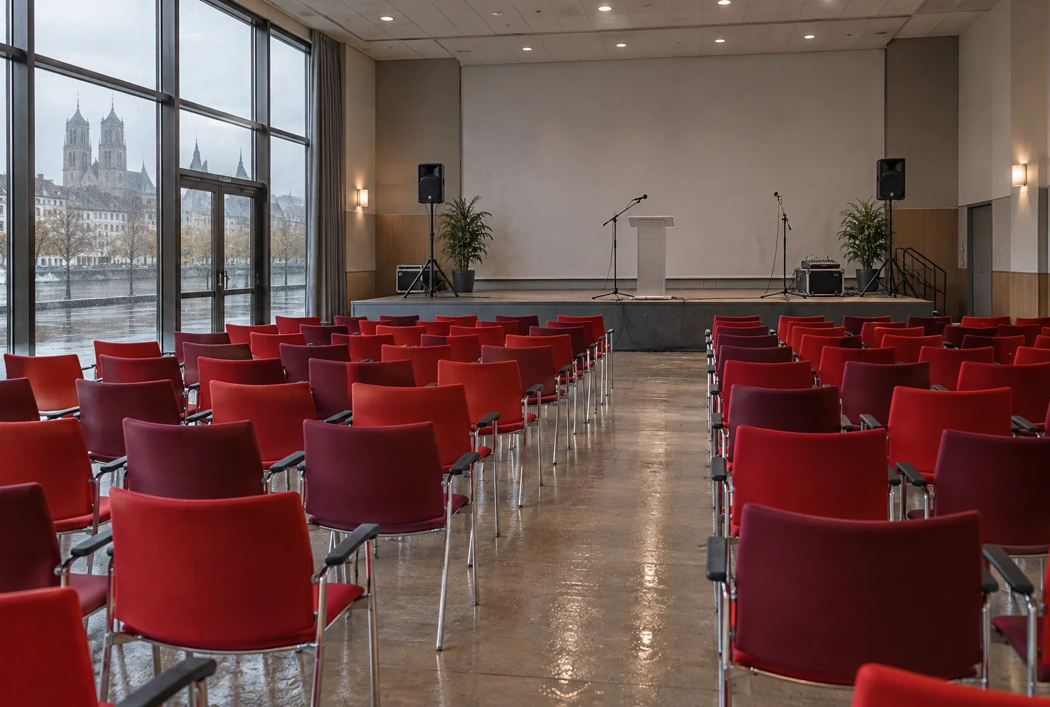 Des rangées de chaises rouges font face à une scène sobre équipée de micros et de haut-parleurs dans une salle de réunion vide.