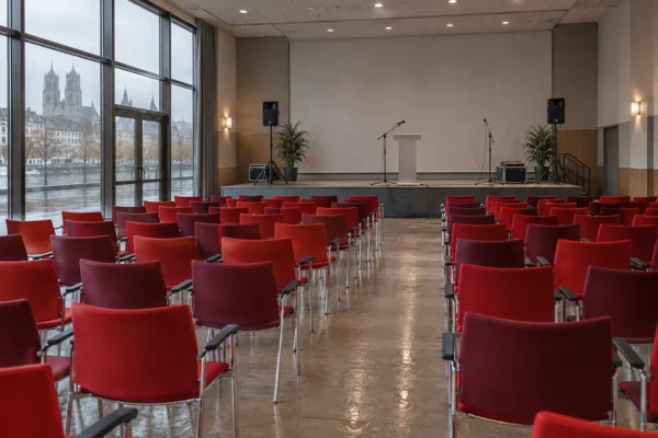 Des rangées de chaises rouges font face à une scène sobre équipée de micros et de haut-parleurs dans une salle de réunion vide.