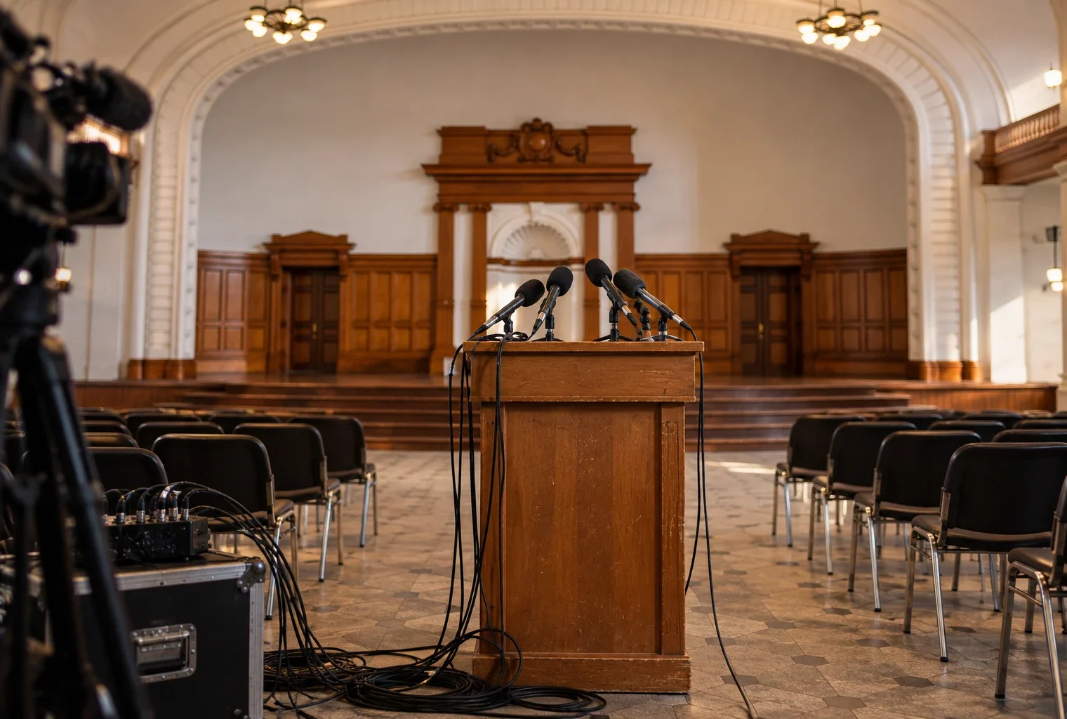 Pupitre en bois équipé de microphones et de câbles devant des chaises, dans une salle de réunion aux boiseries patinées.